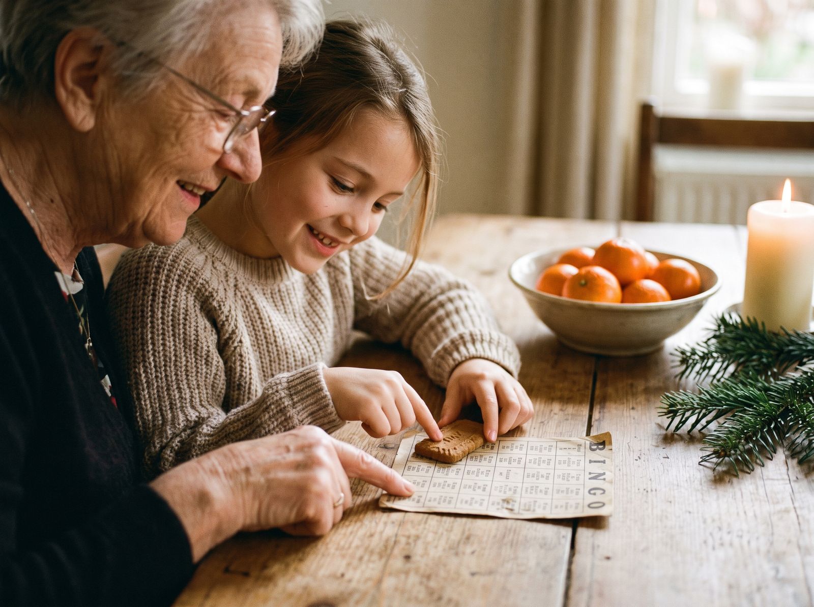 Grootmoeder en kleindochter spelen kerstbingo met speculoos als fiches