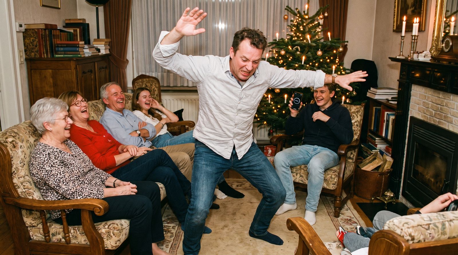 Een familie lacht om een man die een rendier uitbeeldt