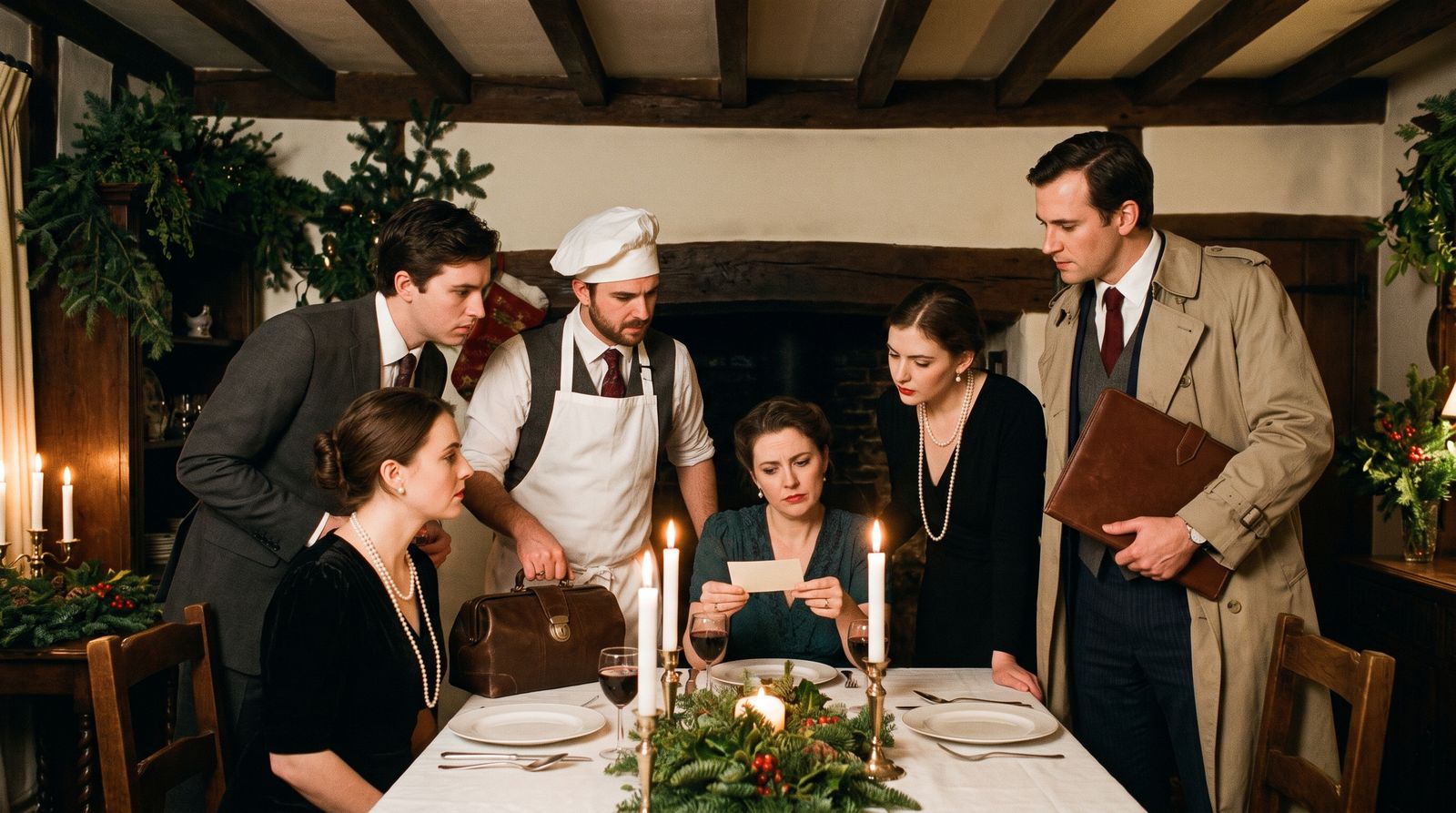 Gasten in kostuum lezen een aanwijzing aan een kerstdiner bij kaarslicht